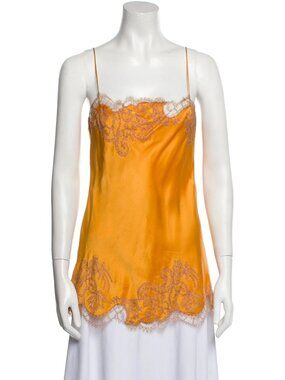 Carine Gilson Orange Silk Lace Pink Trim Nightgown Negligee Slip M